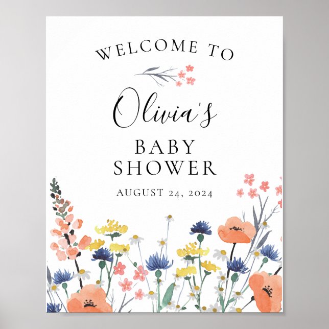 Poster baby shower fleuri fleur sauvage aquarelle Bienven (Devant)