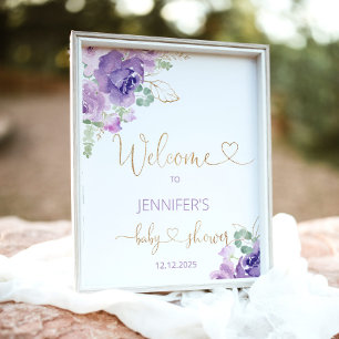 Poster Baby shower fleuri or mauve bienvenue