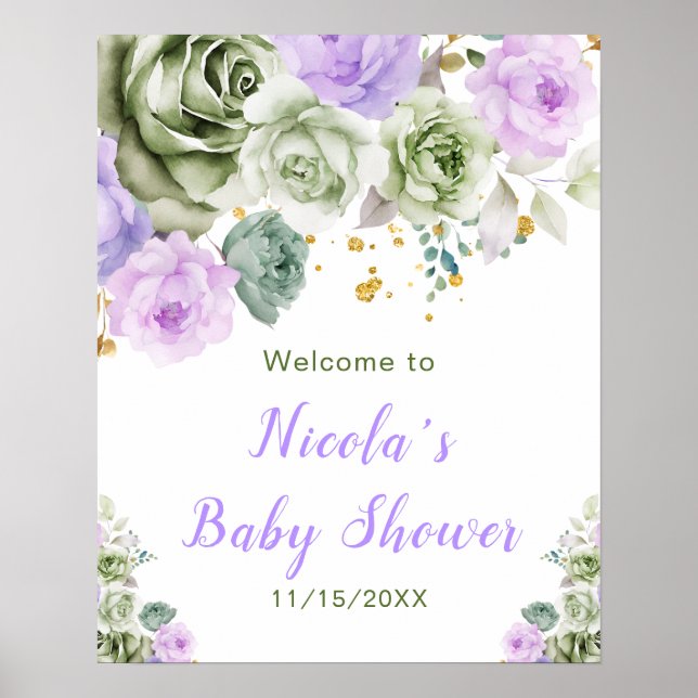 Poster Baby shower fleuri vert Sage et violet Bienvenue (Devant)