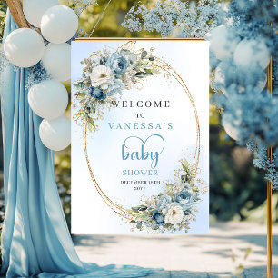 Poster Baby Shower Fleurs Bleues Pâles Bohème Eucalyptus