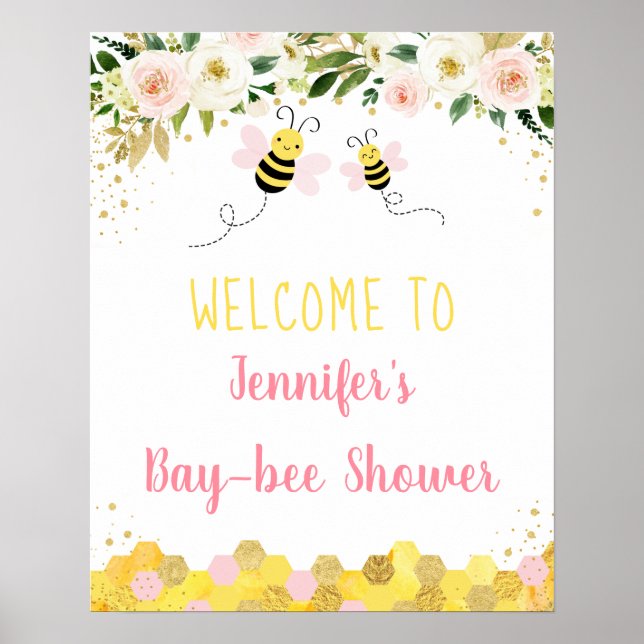Poster Baby shower Floral Abee Pink Gold Bienvenue (Devant)