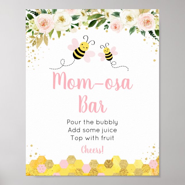 Poster Baby shower Floral Abee Pink Mimosa Bar Signal (Devant)