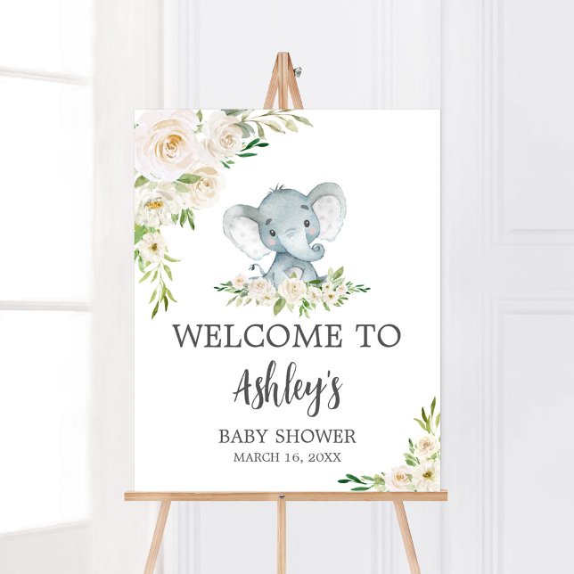 Poster Baby shower Floral Blanc Elephant Bienvenue (A Little Peanut is on the Way Baby Shower Welcome Sign)