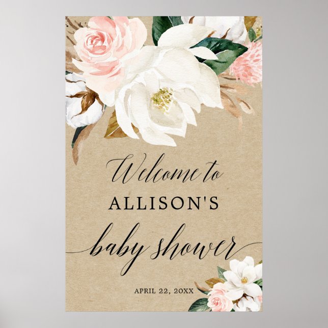 Poster Baby shower floral blanc rustique (Devant)