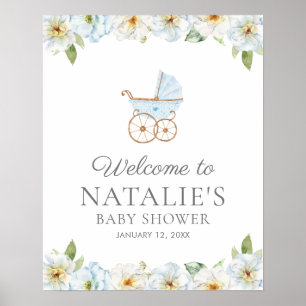 Poster Baby shower Floral Bleu Bienvenue