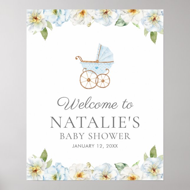 Poster Baby shower Floral Bleu Bienvenue (Devant)