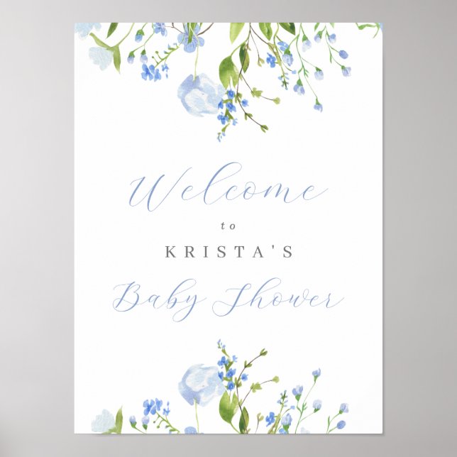 Poster Baby shower Floral bleu clair Bienvenue (Devant)
