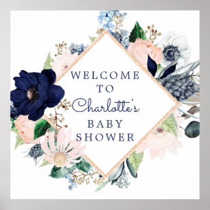Poster Baby shower floral bleu et bleu marine Bienvenue