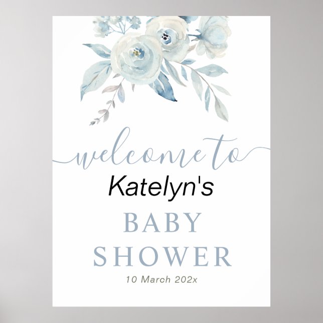 Poster baby shower floral bleu poussiéreux panneau d'accu (Devant)