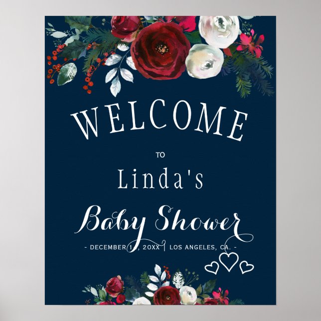 Poster Baby shower Floral d'hiver rustique de la Marine d (Devant)