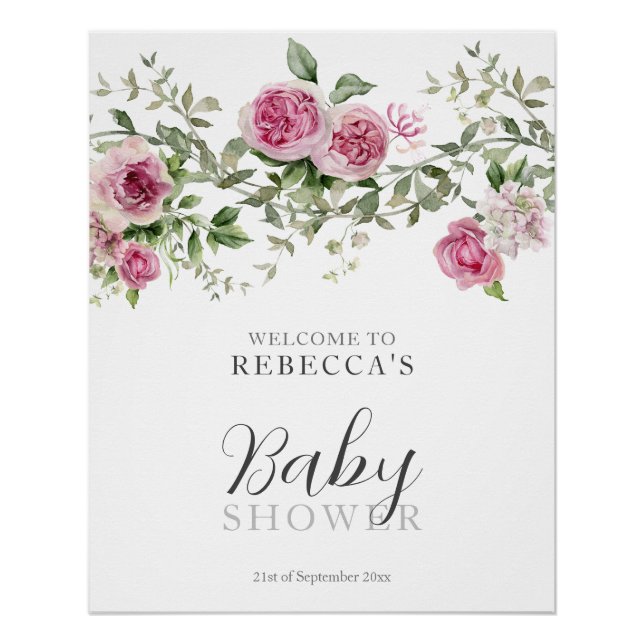 Poster Baby shower floral élégant (Devant)