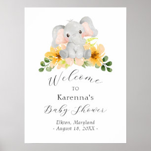 Poster Baby shower Floral Eléphant Moderne Bienvenue
