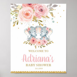 Poster Baby shower Floral Elephant Twin Girls Bienvenue