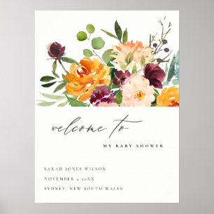 Poster Baby shower Floral Orange Jaune Lumineux Bienvenue