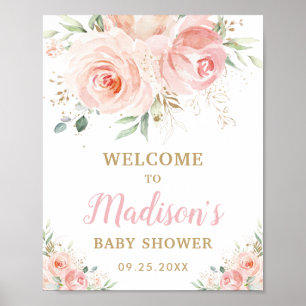 Poster Baby shower floral rose pâle Bienvenue