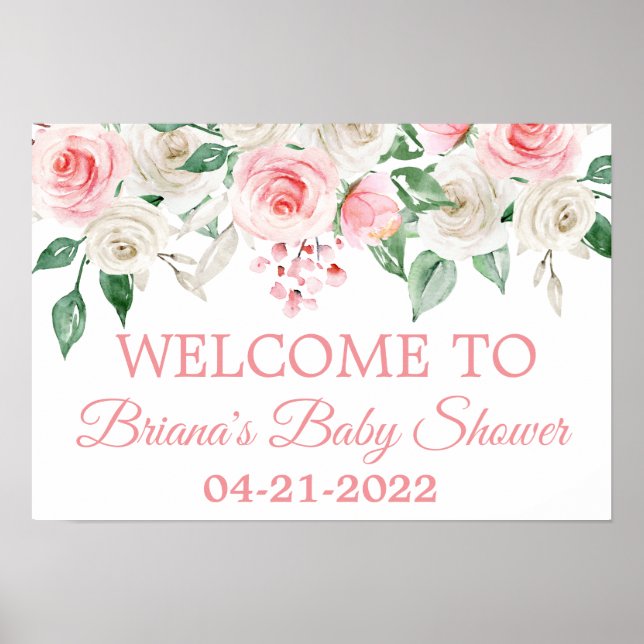 Poster Baby shower floral rose pâle rose pâle Bienvenue (Devant)