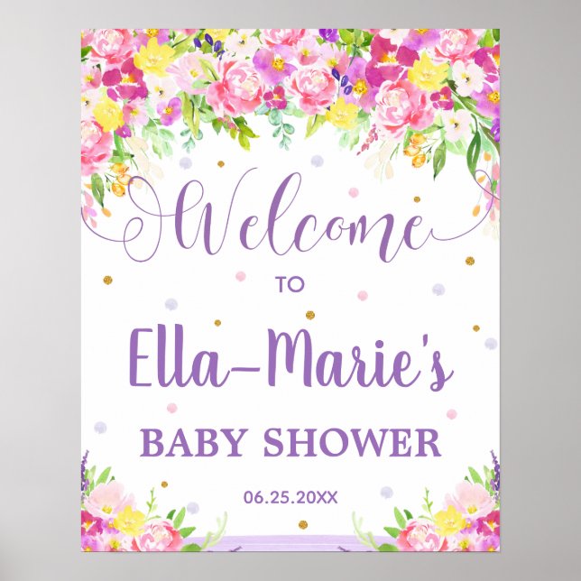 Poster Baby shower Floral rose pourpre Accueil (Devant)