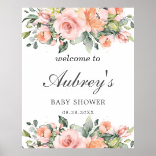 Poster Baby shower floral rose rose rustique Bienvenue