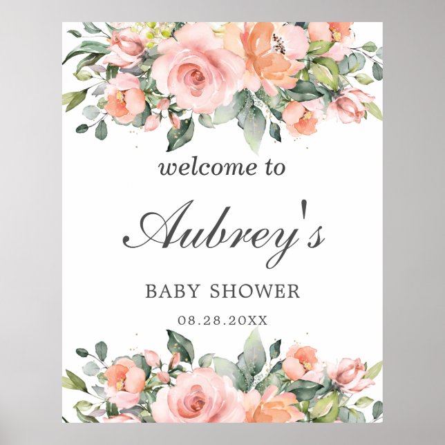 Poster Baby shower floral rose rose rustique Bienvenue (Devant)