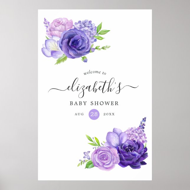 Poster Baby shower Floral Ultra Violet (Devant)