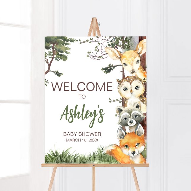 Poster Baby shower forestier Animaux forestiers Bienvenue (Woodland Forest Baby Shower Welcome Sign)