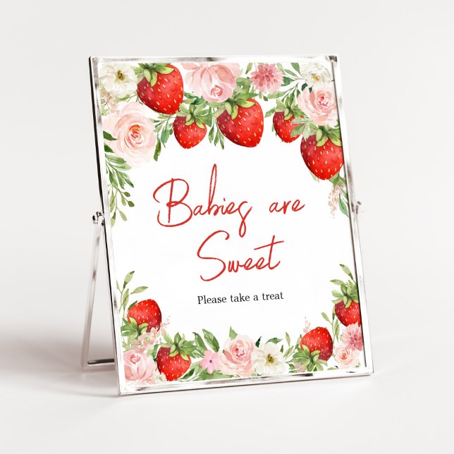 Poster Baby shower fraise Les bébés sont doux (Pink Floral Strawberry Baby Shower Babies are Sweet Sign)