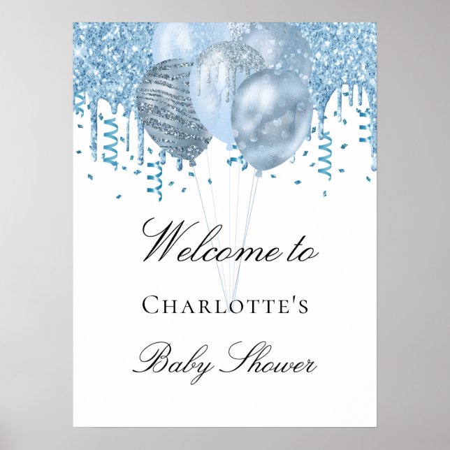 Poster Baby shower garçon bleu clair ballons de parties s (Devant)