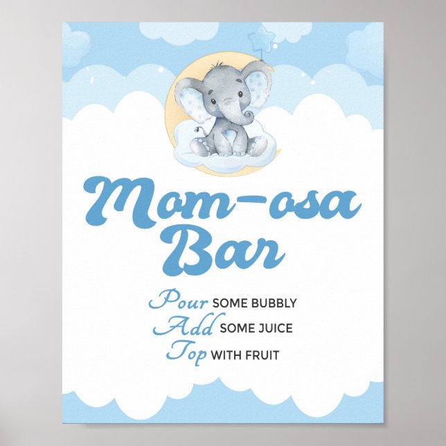 Poster Baby shower Garçon Blue Elephant Momosa Bar Sign (Devant)