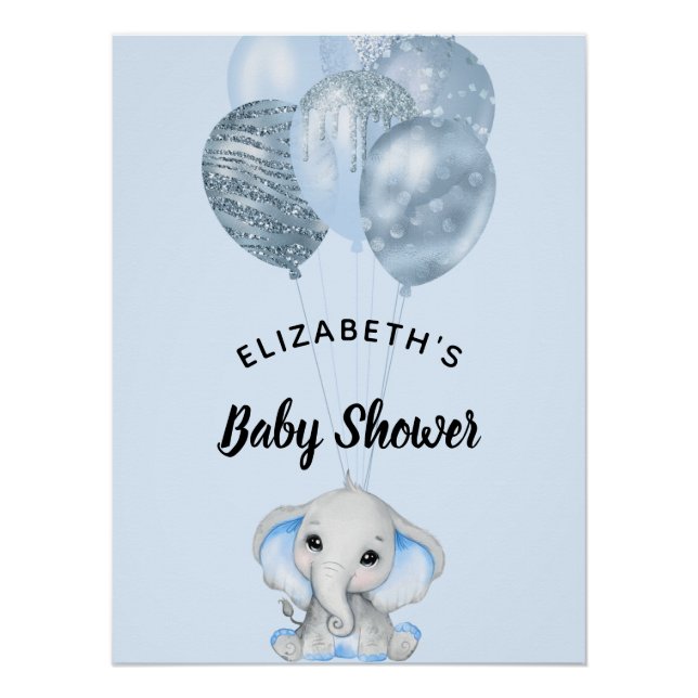 Poster Baby shower garçon éléphant bleu ballons (Devant)