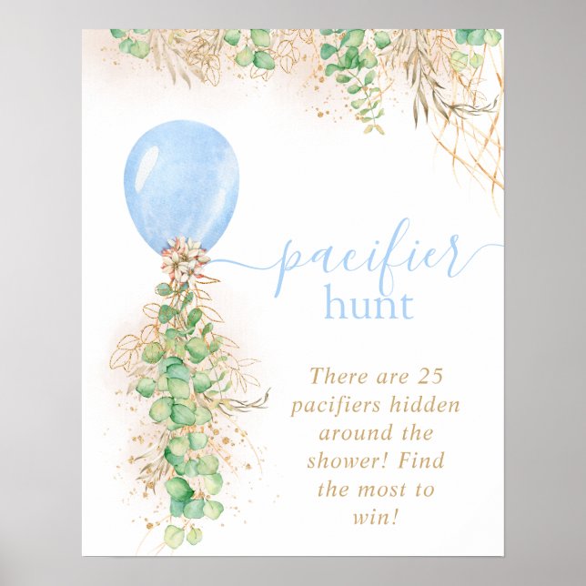 Poster Baby shower garçon Eucalyptus Balloon Pacifier cha (Devant)
