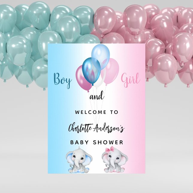 Poster Baby shower garçon fille bleu rose éléphants bienv (Créateur téléchargé)