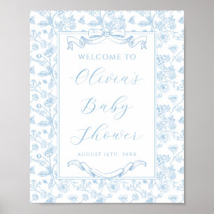 Poster Baby-Shower Garçon Fleurs Vintage Ruban Bleu Éléga