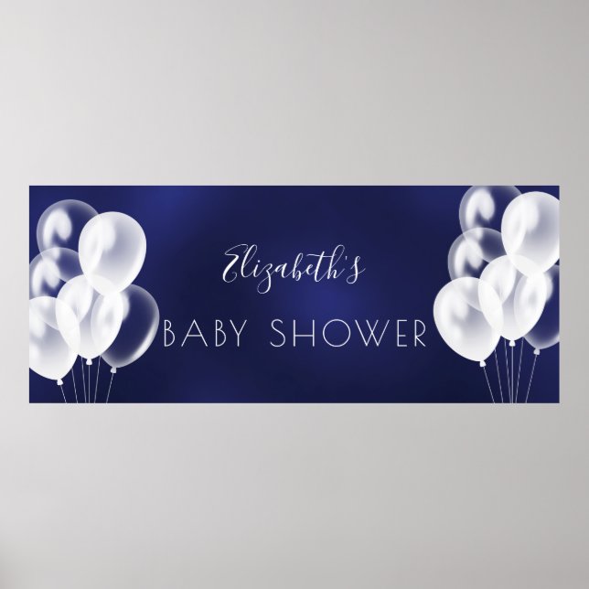 Poster Baby shower garçon marine bleu blanc nom de ballon (Devant)