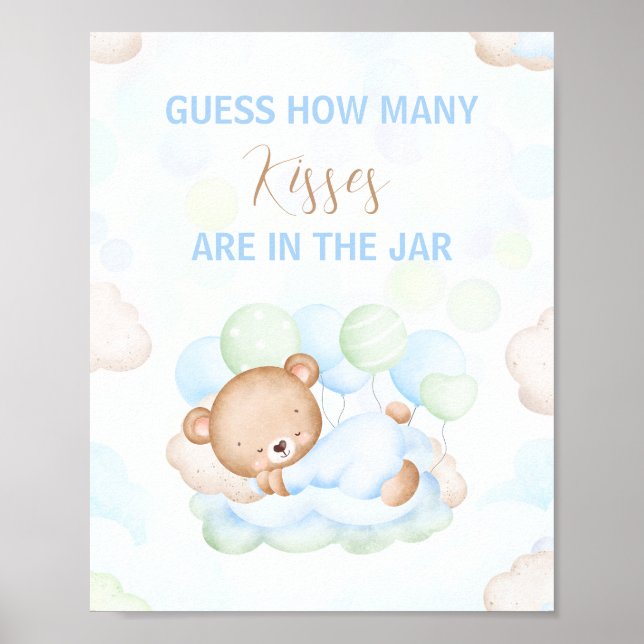 Poster Baby shower garçon ours mignon Combien de baisers  (Devant)