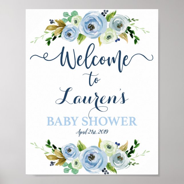 Poster Baby shower garçon signe d'accueil, bleu fleuri (Devant)