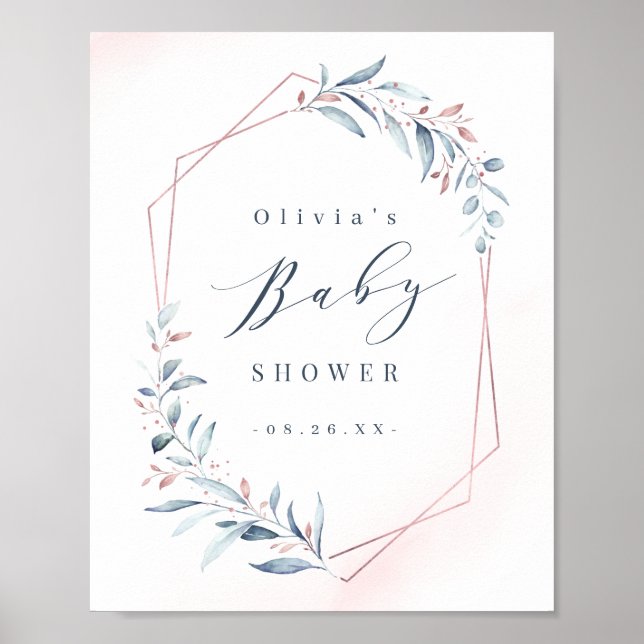 Poster Baby shower géométrique rose Gold Blue Greenery (Devant)