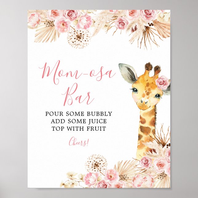 Poster Baby shower girafe Boho rose vif Maman-osa Bar (Devant)