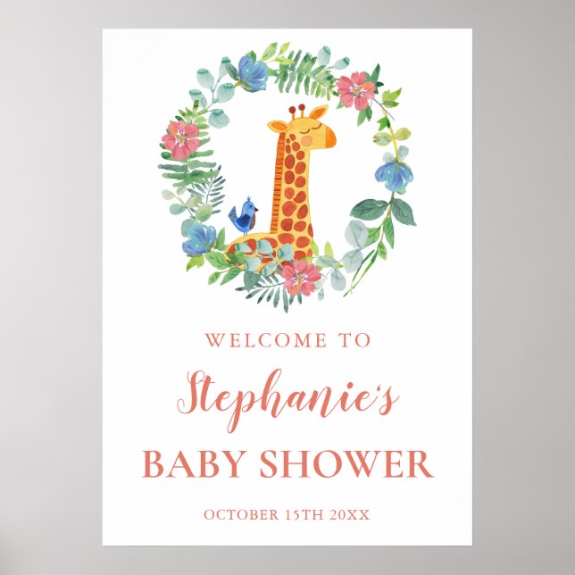 Poster Baby shower Giraffe & Baby shower de couronne fleu (Devant)