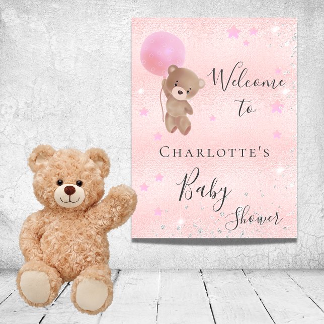 Poster Baby shower girl teddy bear rose argent bienvenue (Créateur téléchargé)