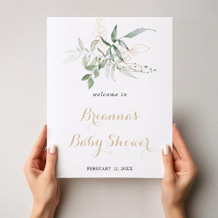 Poster Baby shower Gold Green Foliing Bienvenue