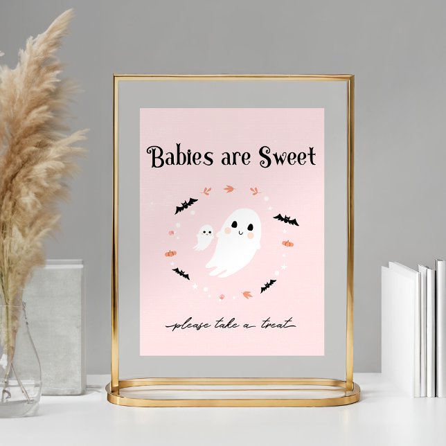 Poster Baby shower Halloween rose signe de faveur, Petit  (Pink Halloween baby showerFavor sign shown with 5x7 print in a gold frame)