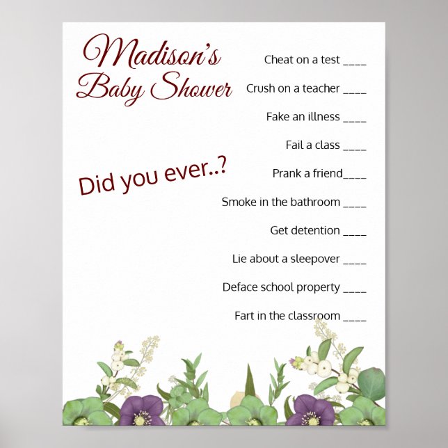 Poster ✨ Baby shower Ice Breaker School Daze Question (Devant)