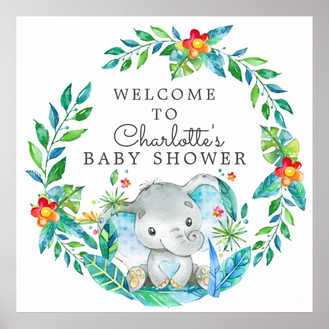 Poster Baby shower Jungle Elephant Bienvenue (Devant)