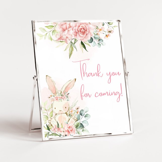 Poster Baby shower lapin rose floral Bienvenue (A Little Bunny Girl Baby Shower Thank you for Coming Sign)