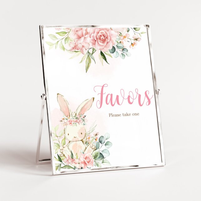 Poster Baby shower lapin rose floral Faveurs (A Little Bunny Girl Baby Shower Favors Sign)
