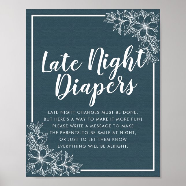 Poster Baby shower Late Night Diapers Bleu Blanc Fleurs (Devant)