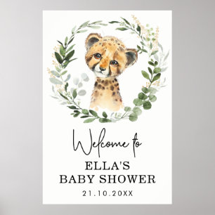 Poster Baby shower léopard vert d'Eucalyptus neutre