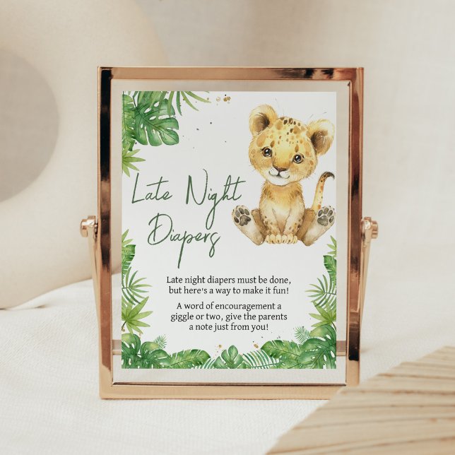 Poster Baby shower Lion en ruines Diapositives nocturnes (Roaring with Excitement Lion Baby Shower Late Night Diapers Sign)
