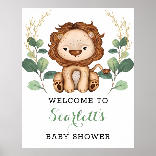Poster Baby shower Lion Or Vert Moderne Bienvenue (Devant)