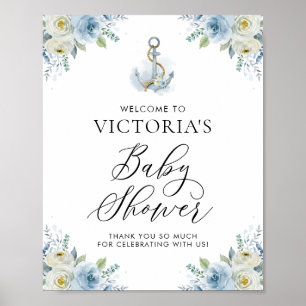 Poster Baby shower marin bleu et blanc Floral Accueil